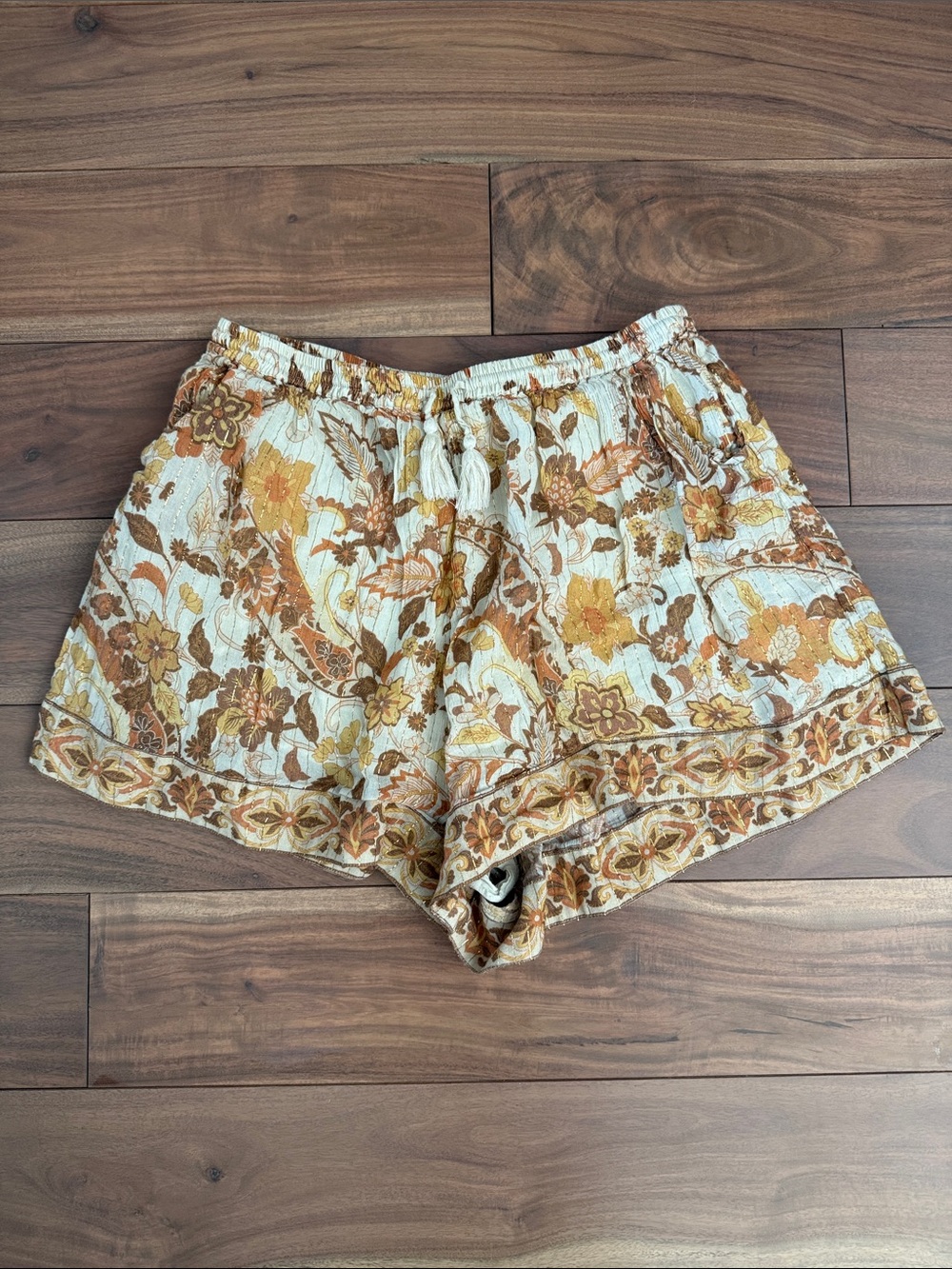 Spell Floral High-Rise Boho Shorts in Cream, Yellow, Brown